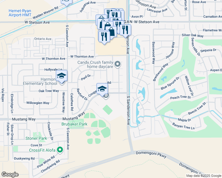 map of restaurants, bars, coffee shops, grocery stores, and more near 3520 Murray Hill Way in Hemet