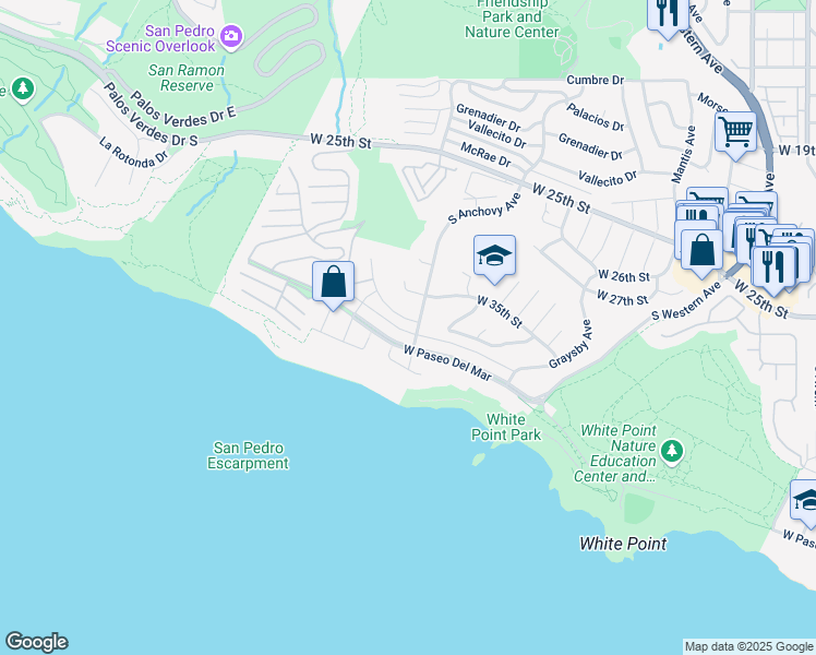 map of restaurants, bars, coffee shops, grocery stores, and more near 2221 West 37th Street in Los Angeles