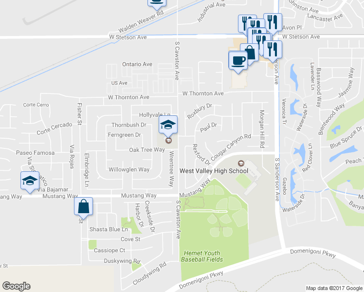map of restaurants, bars, coffee shops, grocery stores, and more near 1551 Calathea Road in Hemet