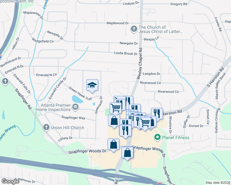map of restaurants, bars, coffee shops, grocery stores, and more near 4213 Wesley Hall Lane in Decatur