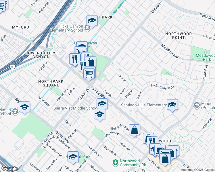 map of restaurants, bars, coffee shops, grocery stores, and more near 18 Calandria in Irvine
