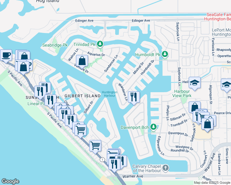 map of restaurants, bars, coffee shops, grocery stores, and more near 16611 Carousel Lane in Huntington Beach