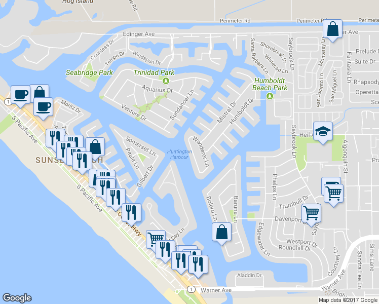 map of restaurants, bars, coffee shops, grocery stores, and more near 16611 Carousel Lane in Huntington Beach