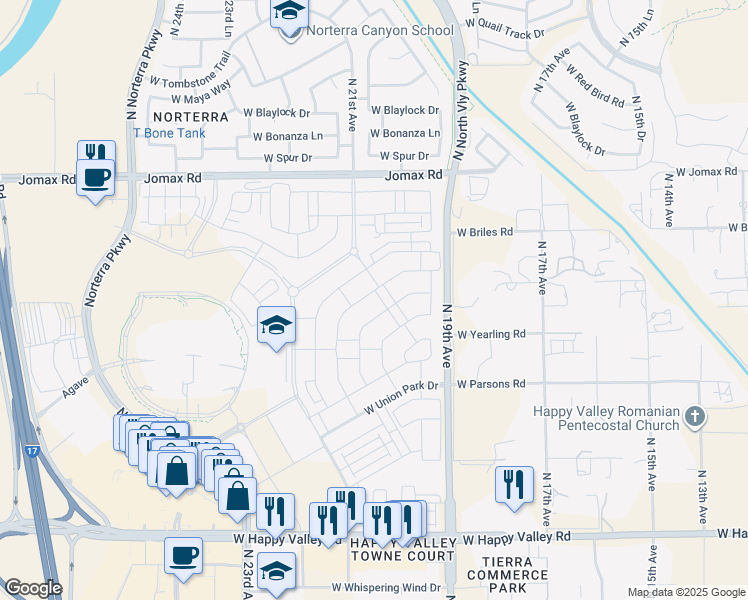 map of restaurants, bars, coffee shops, grocery stores, and more near 1942 West Chisum Trail in Phoenix