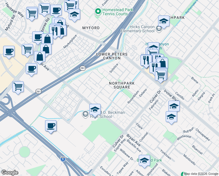 map of restaurants, bars, coffee shops, grocery stores, and more near 5 Bella Rosa in Irvine