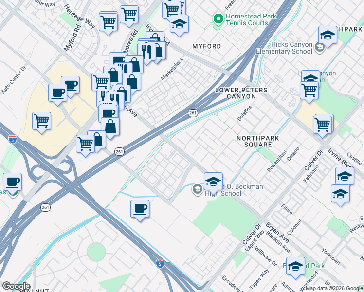 map of restaurants, bars, coffee shops, grocery stores, and more near 26 Whitford in Irvine