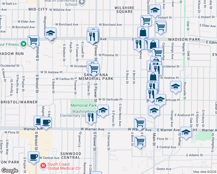 map of restaurants, bars, coffee shops, grocery stores, and more near 2029 South Garnsey Street in Santa Ana