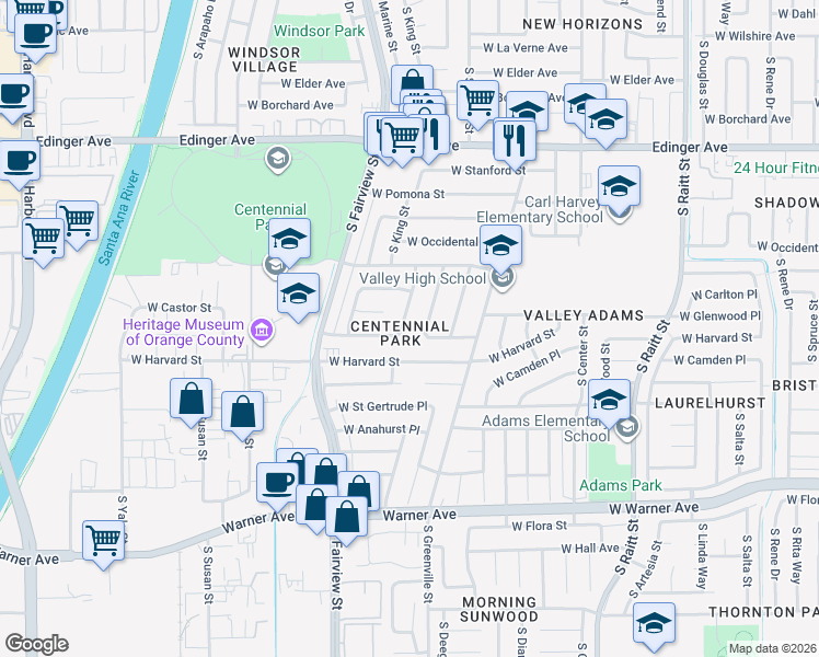 map of restaurants, bars, coffee shops, grocery stores, and more near 1916 South Bamdal Street in Santa Ana