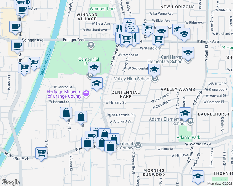 map of restaurants, bars, coffee shops, grocery stores, and more near 2716 West Glenwood Place in Santa Ana