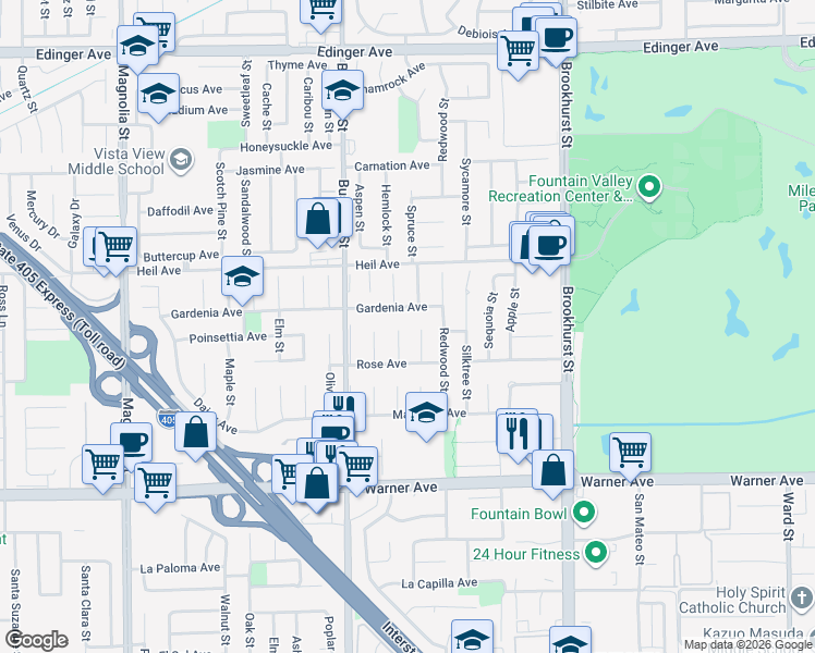 map of restaurants, bars, coffee shops, grocery stores, and more near 16641 Evergreen Circle in Fountain Valley