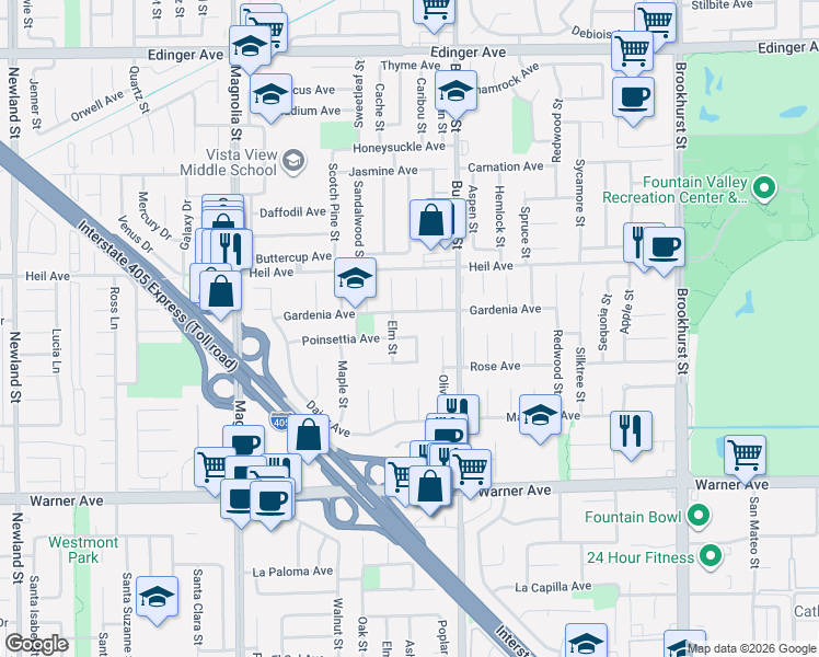 map of restaurants, bars, coffee shops, grocery stores, and more near 9422 Gardenia Avenue in Fountain Valley
