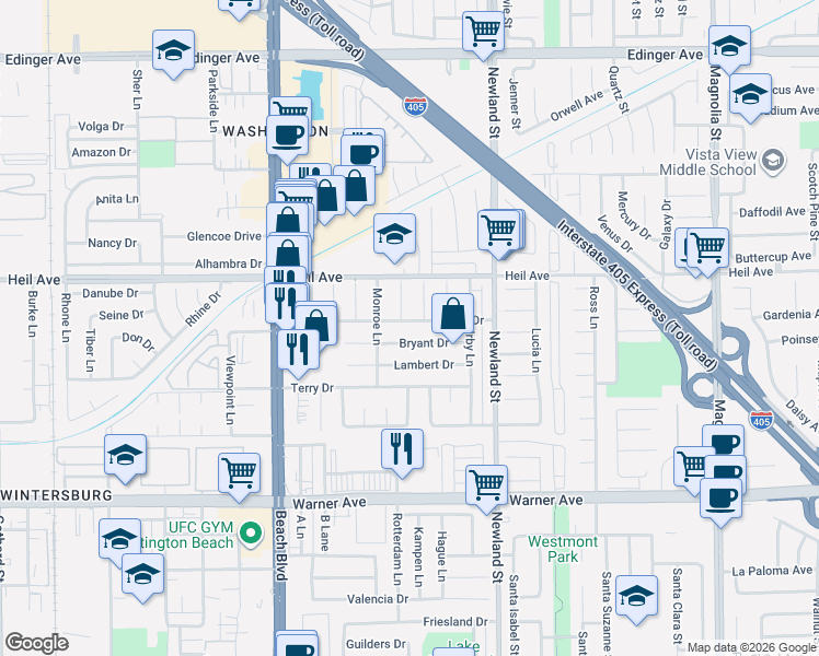 map of restaurants, bars, coffee shops, grocery stores, and more near 8282 Brush Drive in Huntington Beach