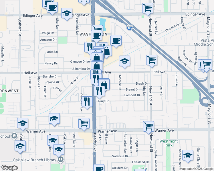map of restaurants, bars, coffee shops, grocery stores, and more near 8122 Brush Drive in Huntington Beach