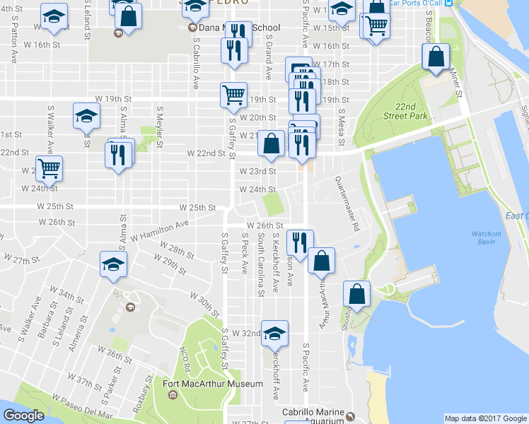 map of restaurants, bars, coffee shops, grocery stores, and more near 2411 South Grand Avenue in Los Angeles