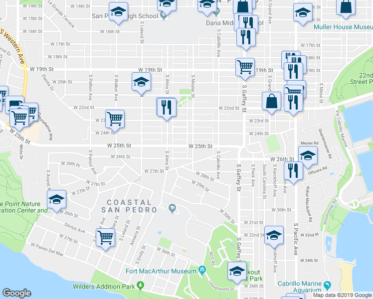 map of restaurants, bars, coffee shops, grocery stores, and more near 927 West 25th Street in Los Angeles