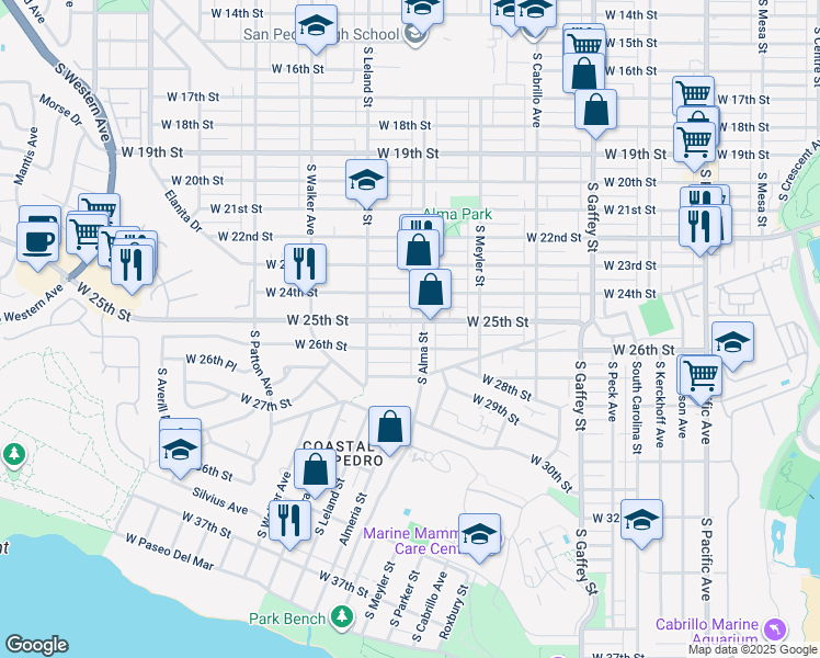 map of restaurants, bars, coffee shops, grocery stores, and more near 2504 South Alma Street in Los Angeles