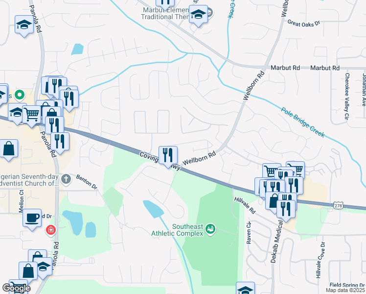 map of restaurants, bars, coffee shops, grocery stores, and more near 5771 Calle Vista Drive in Lithonia