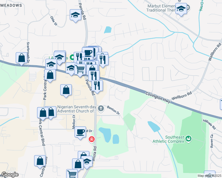 map of restaurants, bars, coffee shops, grocery stores, and more near 2214 Triple Crown Lane in Lithonia