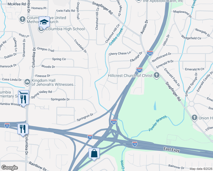 map of restaurants, bars, coffee shops, grocery stores, and more near 3661 Sterling Ridge Way in Decatur