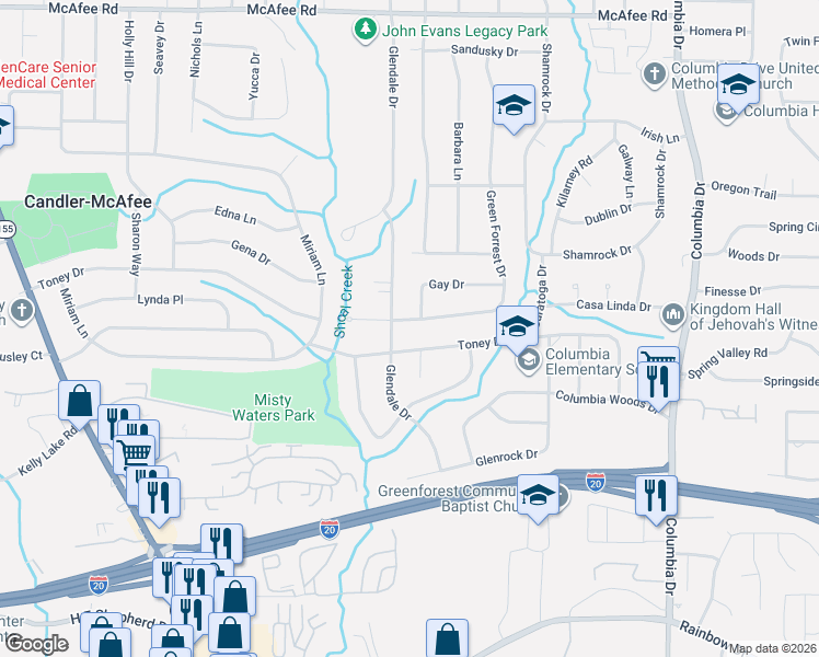 map of restaurants, bars, coffee shops, grocery stores, and more near 2384 Green Forrest Drive in Decatur