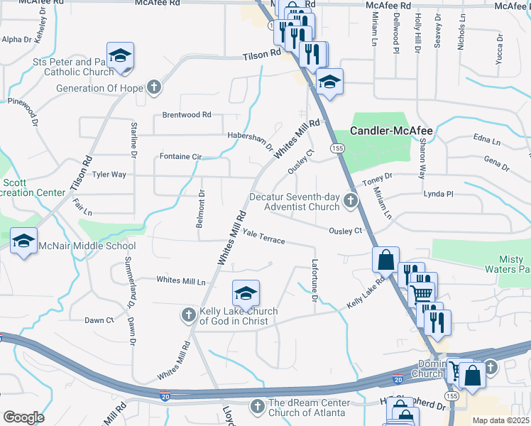 map of restaurants, bars, coffee shops, grocery stores, and more near 2226 Whites Mill Road in Decatur