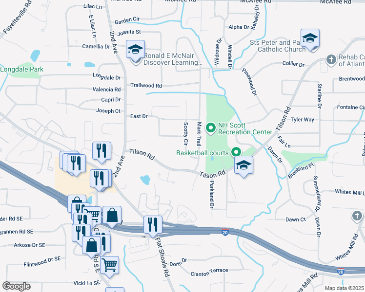 map of restaurants, bars, coffee shops, grocery stores, and more near 2321 Scotty Circle in Decatur