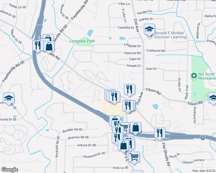 map of restaurants, bars, coffee shops, grocery stores, and more near 1880 South Hampton Lane Southeast in Atlanta
