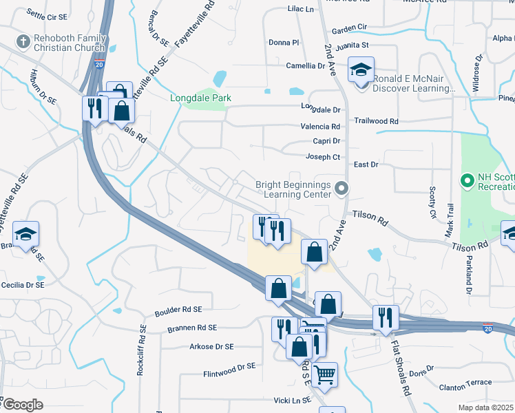 map of restaurants, bars, coffee shops, grocery stores, and more near 1880 South Hampton Lane Southeast in Atlanta