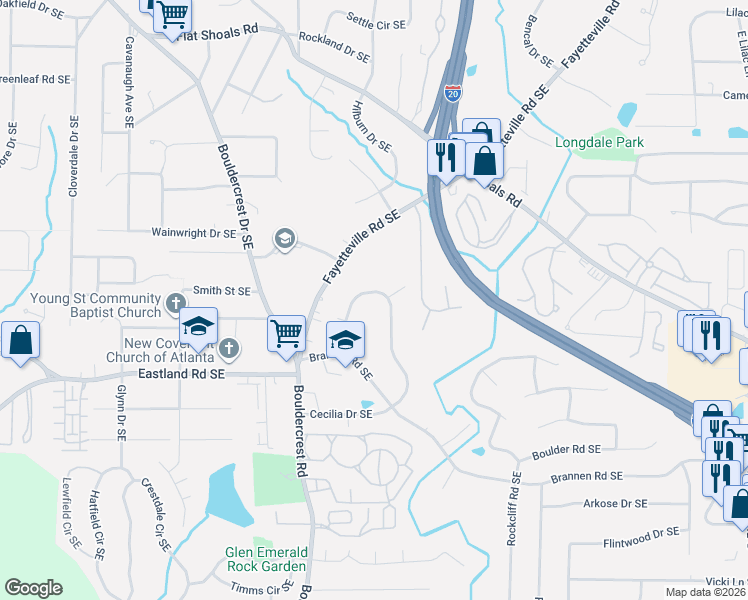 map of restaurants, bars, coffee shops, grocery stores, and more near 1706 Cecilia Drive Southeast in Atlanta
