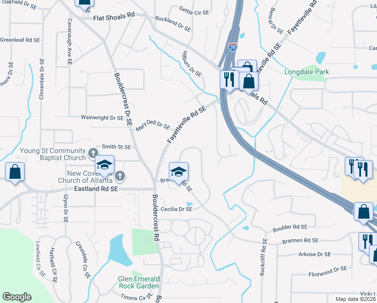 map of restaurants, bars, coffee shops, grocery stores, and more near 1706 Cecilia Drive Southeast in Atlanta