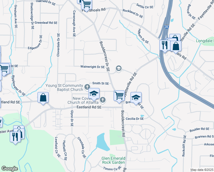 map of restaurants, bars, coffee shops, grocery stores, and more near 1421 Smith Street Southeast in Atlanta