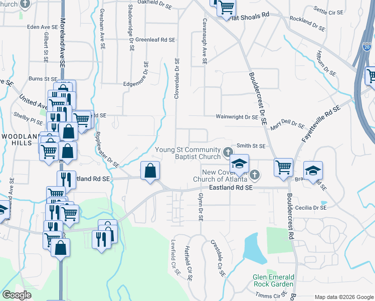 map of restaurants, bars, coffee shops, grocery stores, and more near 2342 Willowdale Circle Southeast in Atlanta