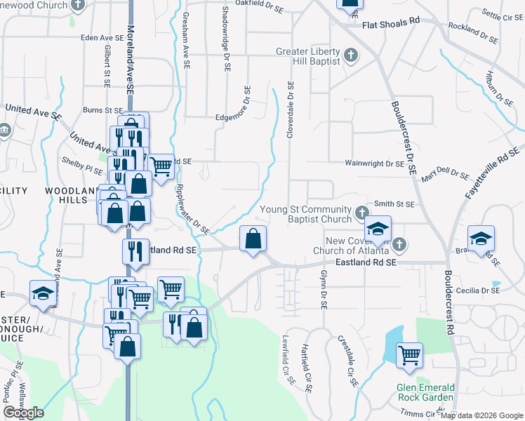 map of restaurants, bars, coffee shops, grocery stores, and more near 1174 Mica Lamp Court Southeast in Atlanta