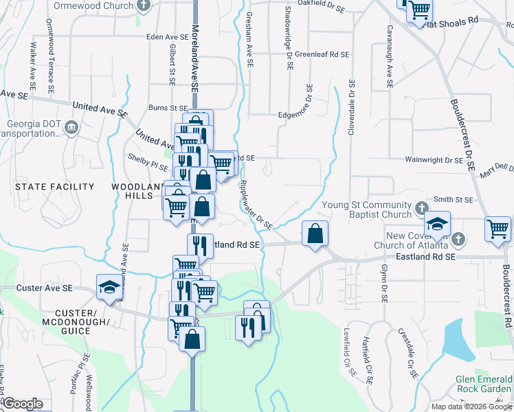 map of restaurants, bars, coffee shops, grocery stores, and more near 2352 Ripplewater Drive Southeast in Atlanta