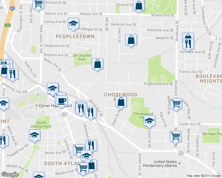 map of restaurants, bars, coffee shops, grocery stores, and more near 308 Climax Street Southeast in Atlanta
