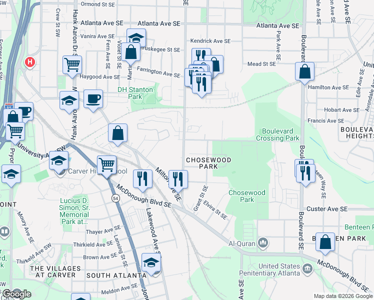 map of restaurants, bars, coffee shops, grocery stores, and more near 308 Climax Street Southeast in Atlanta