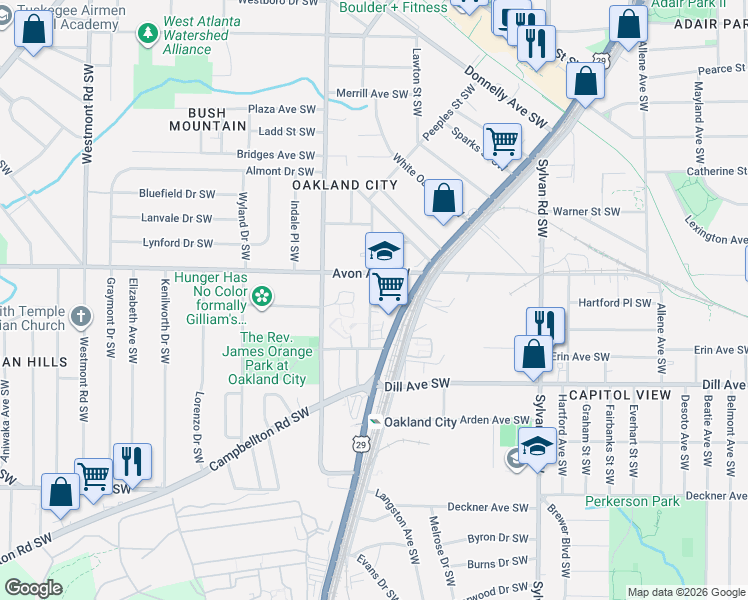map of restaurants, bars, coffee shops, grocery stores, and more near 1235 Lee Street Southwest in Atlanta