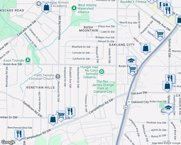 map of restaurants, bars, coffee shops, grocery stores, and more near 1234 Lorenzo Drive Southwest in Atlanta