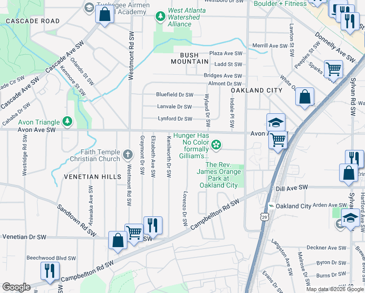 map of restaurants, bars, coffee shops, grocery stores, and more near 1228 Kenilworth Drive Southwest in Atlanta