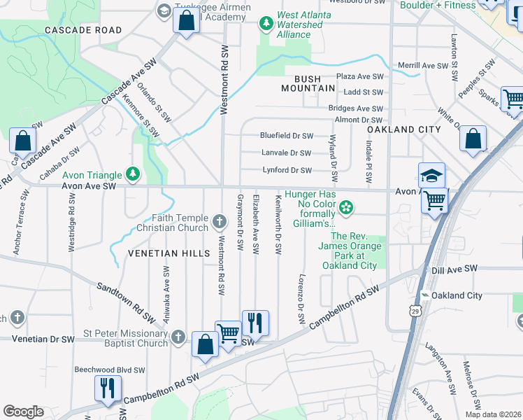 map of restaurants, bars, coffee shops, grocery stores, and more near 1234 Elizabeth Avenue Southwest in Atlanta