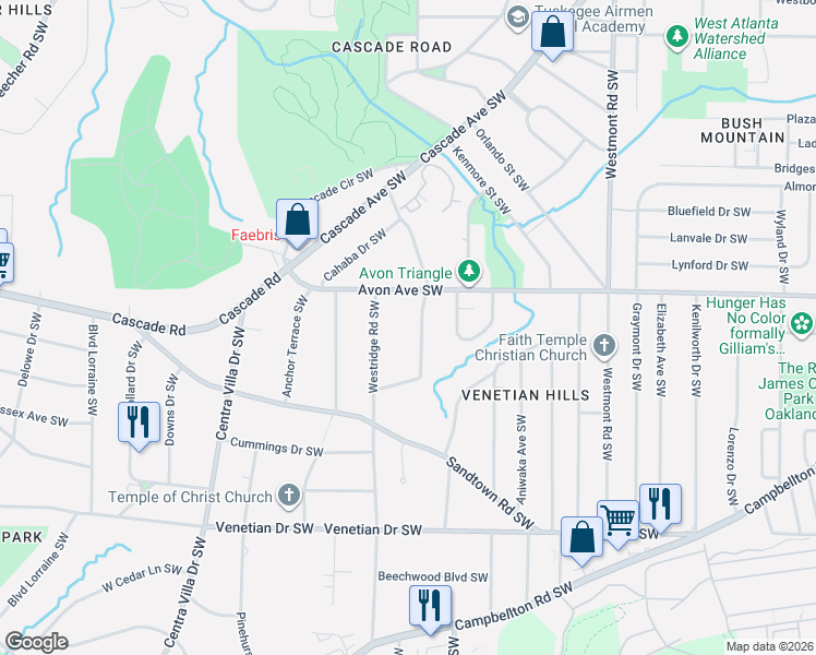 map of restaurants, bars, coffee shops, grocery stores, and more near 1235 Eastridge Road Southwest in Atlanta