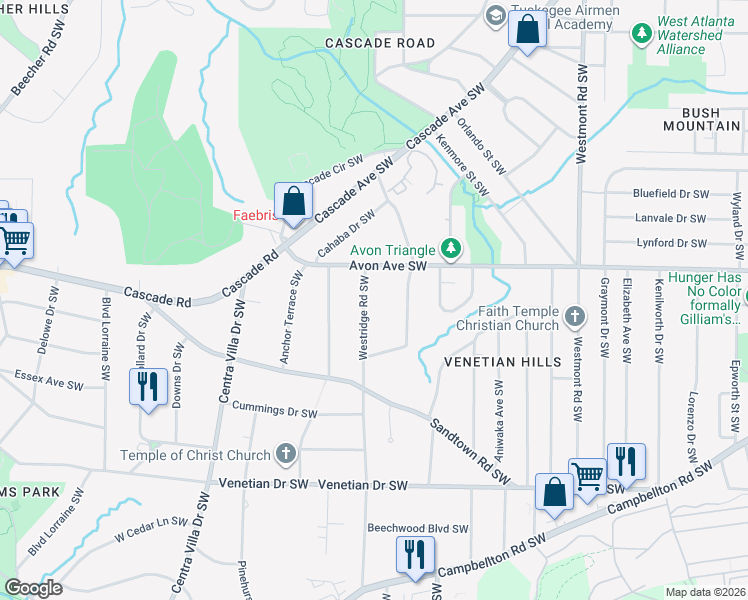 map of restaurants, bars, coffee shops, grocery stores, and more near 1237 Westridge Road Southwest in Atlanta