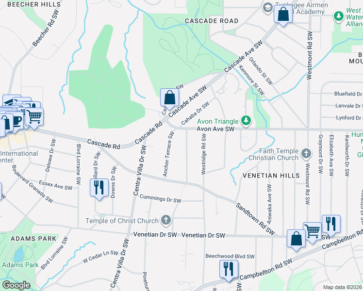 map of restaurants, bars, coffee shops, grocery stores, and more near 1237 Cahaba Drive Southwest in Atlanta