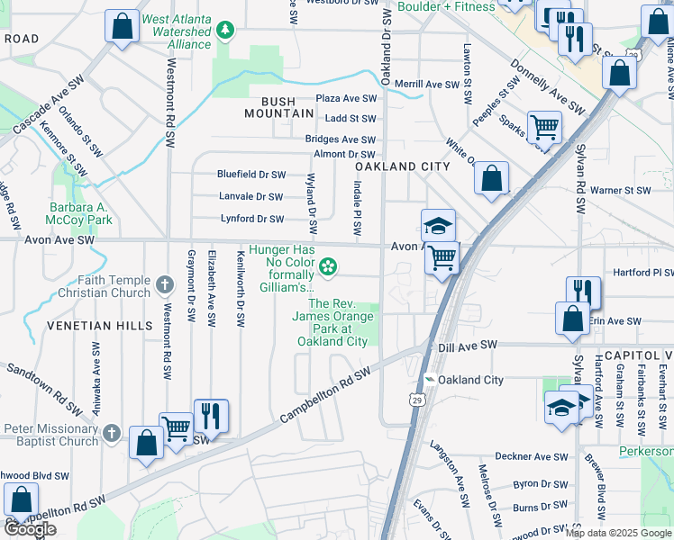 map of restaurants, bars, coffee shops, grocery stores, and more near 1273 Oakland Terrace Southwest in Atlanta