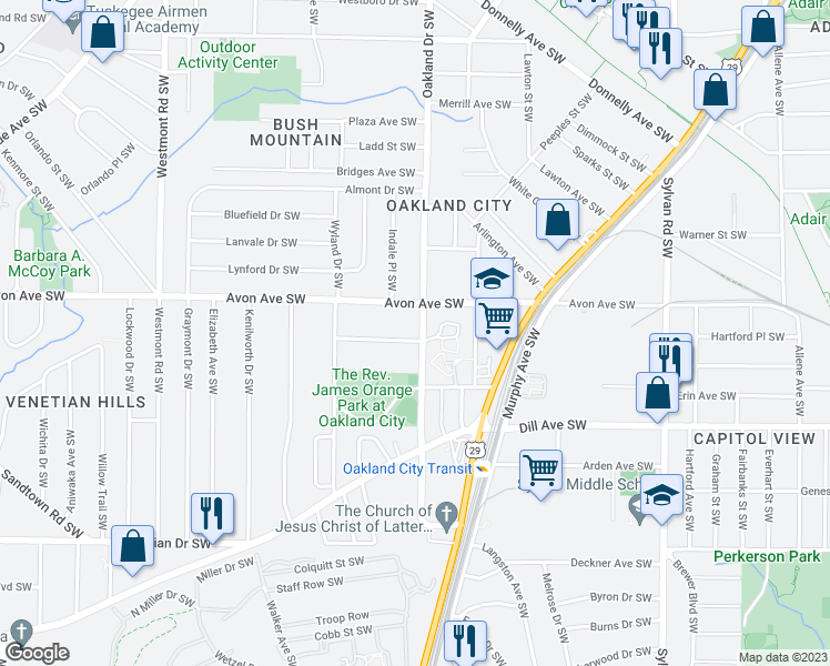 map of restaurants, bars, coffee shops, grocery stores, and more near 1227 Oakland Drive Southwest in Atlanta