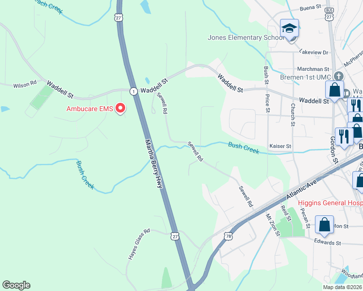 map of restaurants, bars, coffee shops, grocery stores, and more near 331 Sewell Road in Bremen