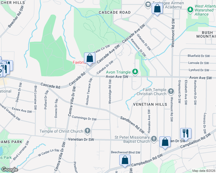 map of restaurants, bars, coffee shops, grocery stores, and more near 1237 Westridge Road Southwest in Atlanta