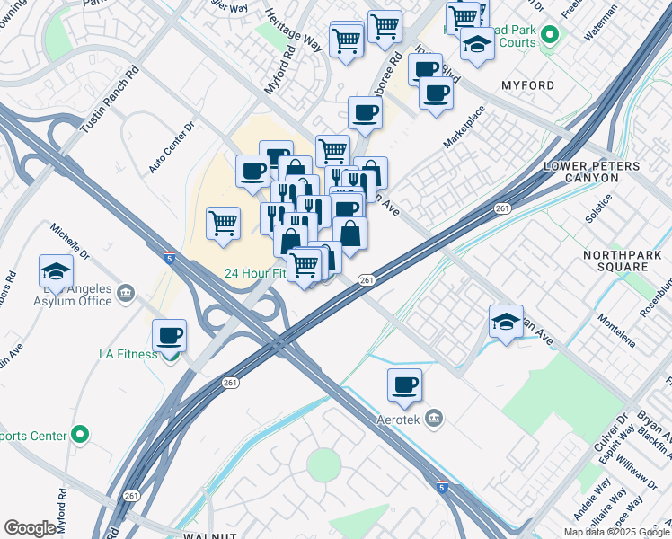 map of restaurants, bars, coffee shops, grocery stores, and more near 3259 El Camino Real in Irvine