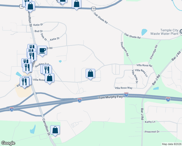 map of restaurants, bars, coffee shops, grocery stores, and more near 251 Hunt Club Circle in Temple