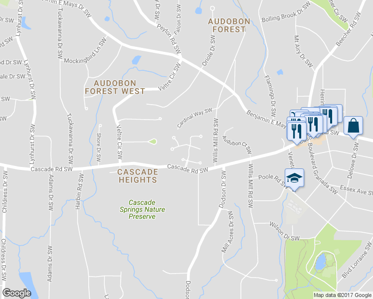 map of restaurants, bars, coffee shops, grocery stores, and more near 1261 Springhouse Lane Southwest in Atlanta